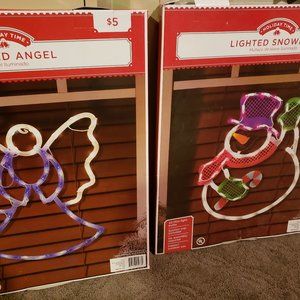 Angel and Snowman holiday window decor